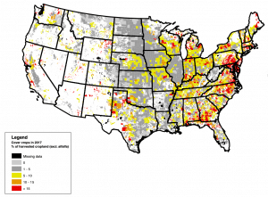 Cover crop adoption as a share of harvested acreage by county 2017